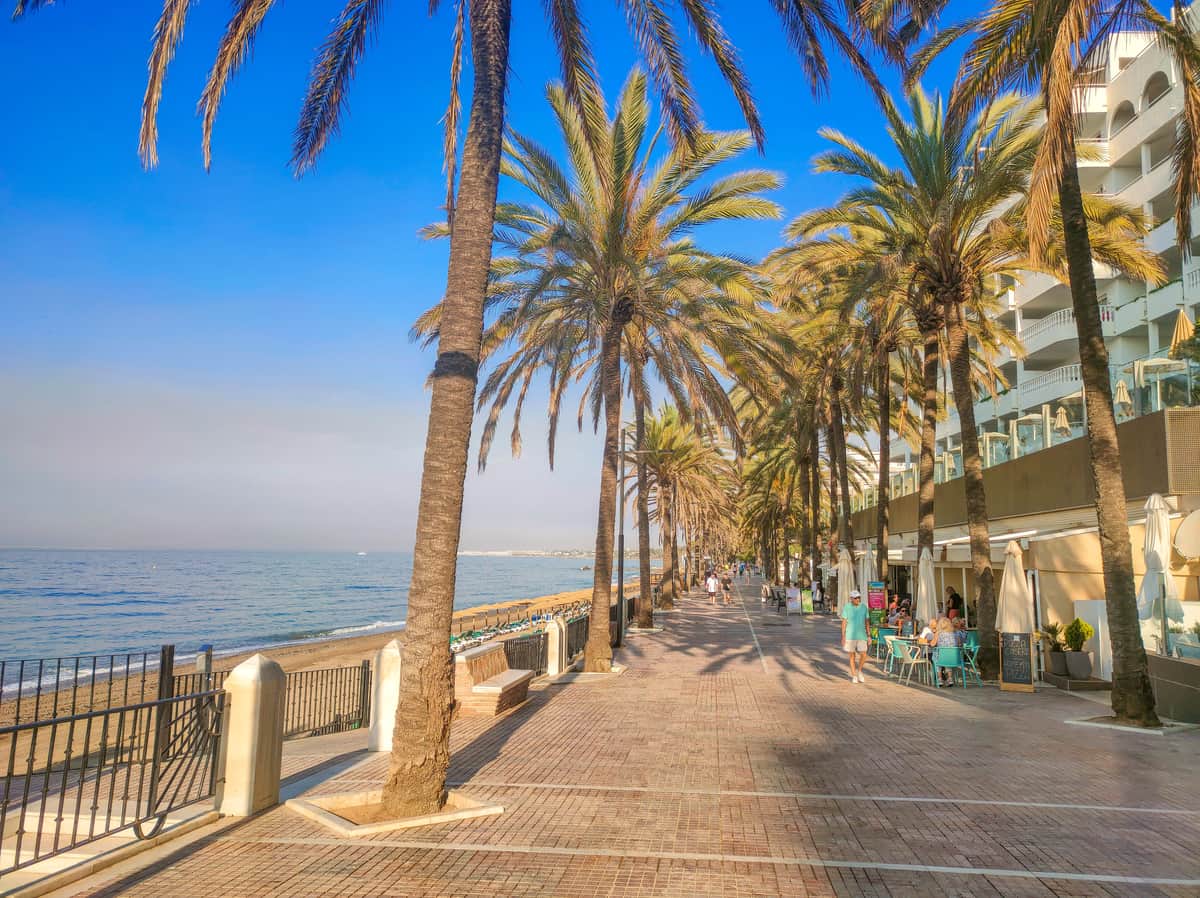 a sea promenade with palm trees on the left and a sandy beach and the sea, and hotels to the right; Paseo Maritimo in Marbella