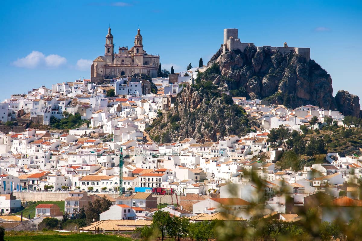 Hilltop view of a picturesque Spanish town with whitewashed houses tightly clustered along a steep slope. At the summit, a prominent church with twin towers stands beside a historic stone castle perched on rocky terrain. Olvera White Village in Andalusia