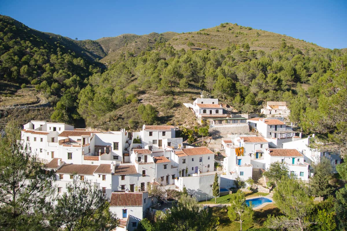 White houses with terracotta roofs are clustered on a hillside surrounded by green trees and hills under a clear blue sky. A small swimming pool is visible among the buildings. El Acebuchal in the Axarquia, Malaga, Andlasia