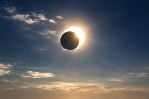 A solar eclipse with the moon almost completely covering the sun, leaving a bright ring of sunlight visible in a partly cloudy sky.