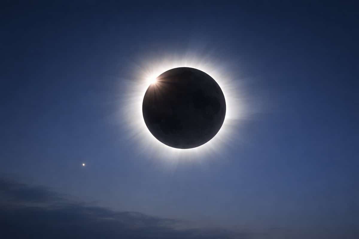 A total solar eclipse with the Sun’s corona glowing around the dark moon; a bright star or planet is visible in the lower left against the deep blue sky.
