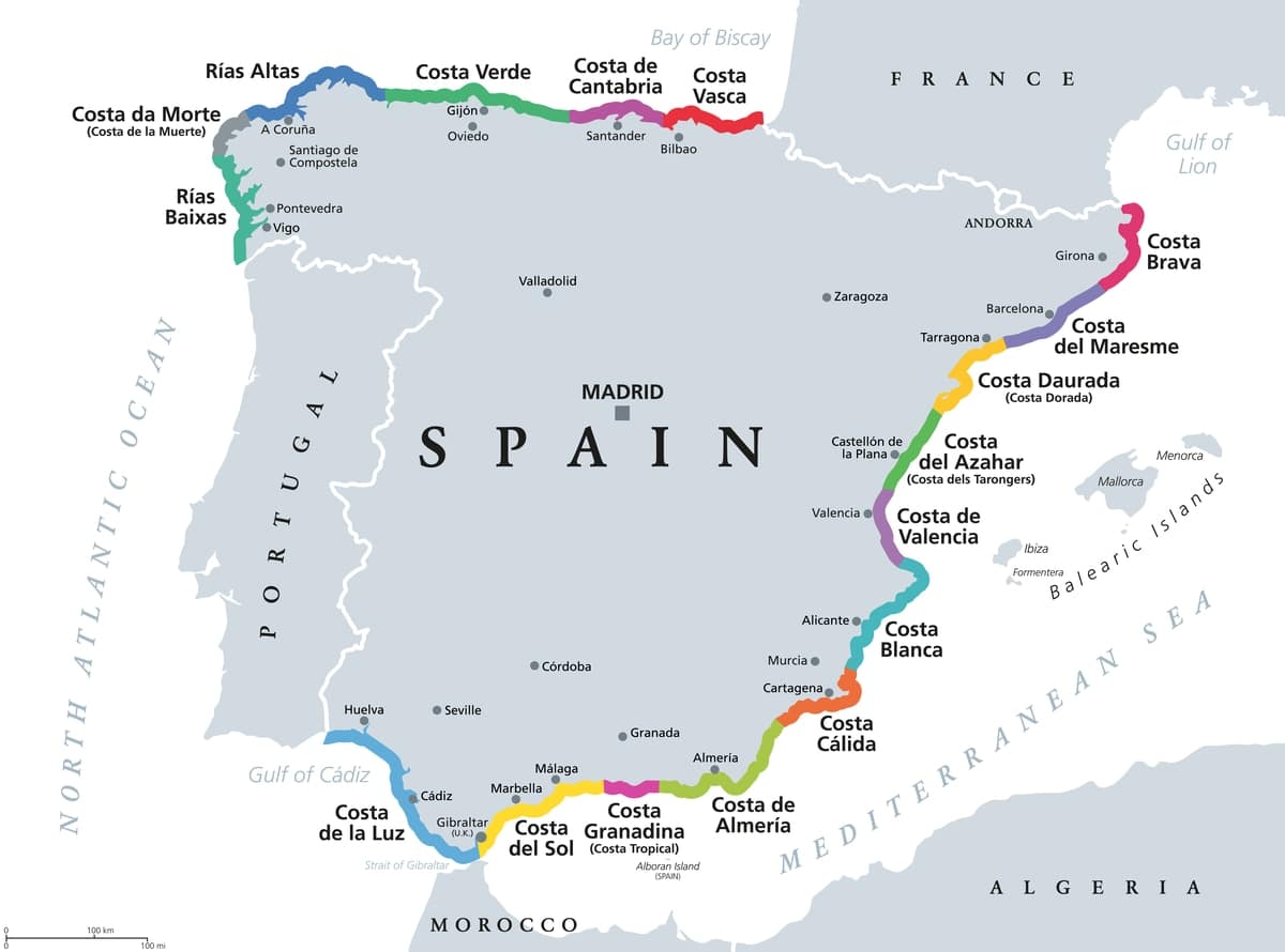Map of Spain highlighting its coastal regions in different colours, including Costa Brava, Costa del Sol, Costa Blanca, Costa de la Luz, Costa Vasca, and others along the Mediterranean Sea and Atlantic Ocean.