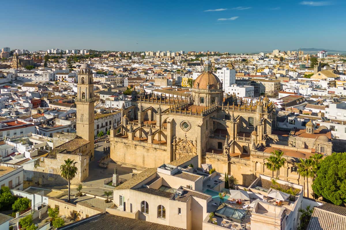 Aerial view of the Jerez Cathedral and surrounding white buildings in Jerez de la Frontera, Spain.